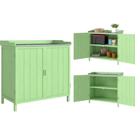 Green Wooden Garden Cabinet with 2 Shelves, Galvanised Top (1/5)