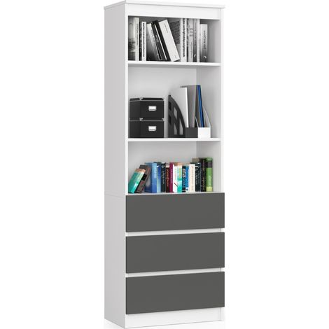 Librería AKORD R60 Blanco 60 cm 3 cajones frente en color Grafito Gris 3 estantes 60x35x180 cm (1/5)