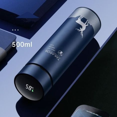 Bottiglia termica isolata in acciaio inox da 500 ml con indicatore di temperatura a LED - Blu scuro (1/4)