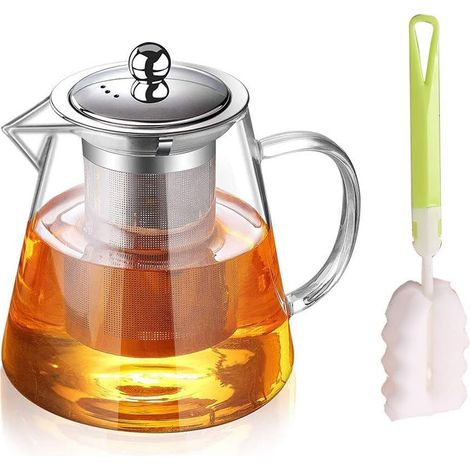 750ML Théière en Verre avec Infuseur, Avec Brosse à tasse,Avec Infuseur Amovible,Poignée anti-brûlure,Matériau borosilicate, Transparent,Rond,Convient pour chauffer sur la cuisinière (1/5)