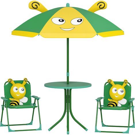 Ensemble de meubles de jardin pour enfants, chaises, table, parasol, design abeille, vert et jaune (1/5)