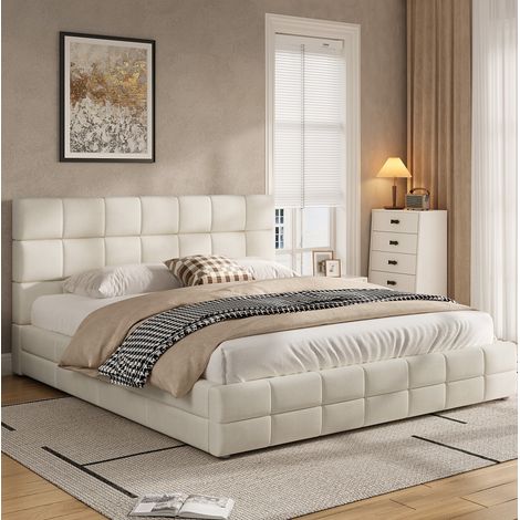 Cama tapizada de plataforma 208x186x83.5 cm, con cabecero acolchado, estructura robusta, MDF, madera contrachapada y terciopelo beige (1/5)