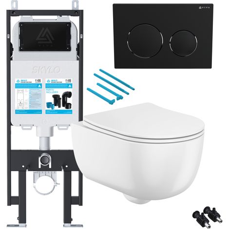 Gloss White Rimless Wall Hung Toilet with 1.14m Concealed Cistern Frame Set - Black Plate (1/4)