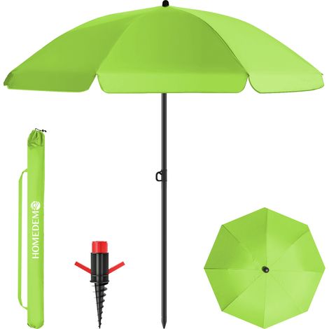 HOMEDEMO Parasol Plage Inclinable avec Revêtement Argenté, UV50+, avec Pieds de Parasol de Plage à hélice à Visser & Housse de Protection, pour Terrasse, Piscine, Marché, 200cm, Vert clair (1/5)