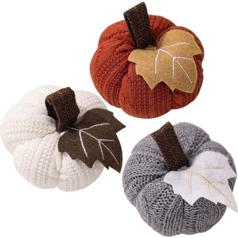 Set of 3 mini Halloween pumpkins, knitted pumpkin decorations with leaves for hanging, decorative pumpkins for Thanksgiving, Harvest Festival, Halloween and more (1/4)
