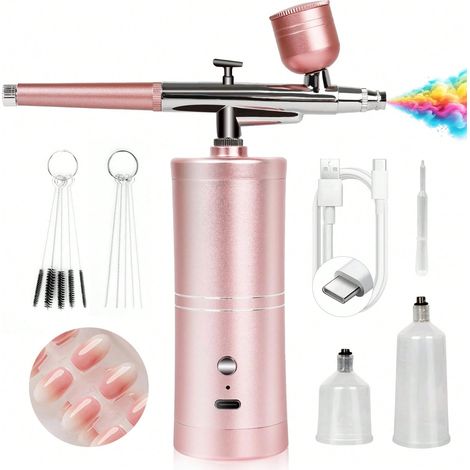Kit de pinceau aérographe sans fil rechargeable, Set de pinceau aérographe haute pression à 48 PSI, avec buse de 0,3 mm et brosse de nettoyage, pour la peinture d'art sur ongles et la décoration de gâ (1/5)