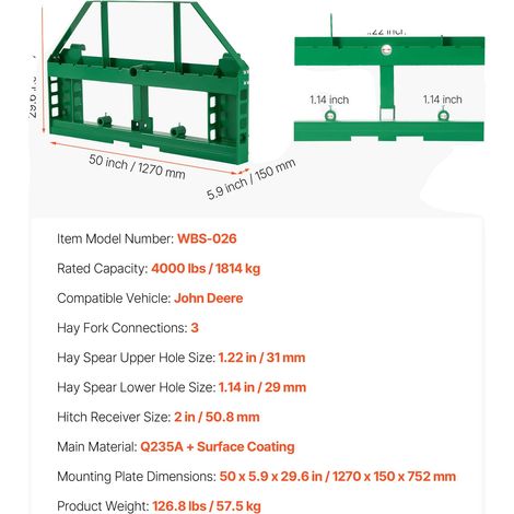 Cadre de fourche à palettes, capacité de charge de 4000 lbs, compatible avec les tracteurs John Deere, 4000 lbs (1/2)