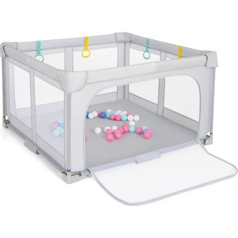 GOPLUS Parc Bebe Pliable 127x127cm, Parc Enfant Modulable avec 50 Balles Océaniques, 4 Poignées, Maille Respirante, Sac de Transport, Centre d'Activités pour 0-3 Ans (Gris) (1/5)