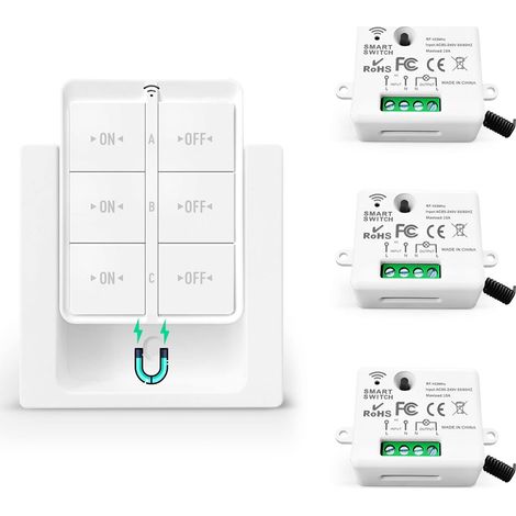Kit interrupteur sans fil va et vient mini émetteur Radio Sans Fil 433 MHz interupteur sans fil 150 Mètres Plage De Contrôle 2200 Watt Commutateur sans fil Mobile (1 interrupteur 3 récepteurs (1/5)