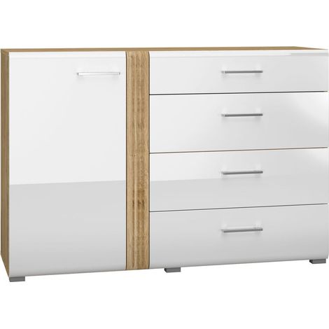 Moderne Wohnzimmer Kommode in Eiche Castello Nb. mit weiß Hochglanz AKRON-131 MDF Front mit edler Fräsung, B/H/T: ca. 134/90/42 cm (1/5)