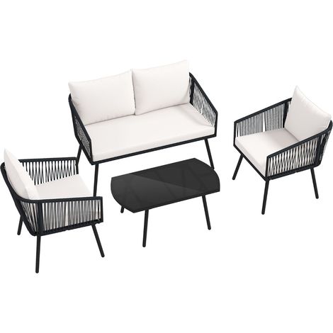 Set bistro conversazione corda PE intrecciata cuscini tavolino mobili giardino 4 pezzi vetro temperato nero (1/3)