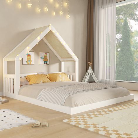 Lit cabane enfant 140x200 cm en bois, lit maison avec toit en tissu, guirlande lumineuse décorative, espace sommeil cosy pour chambre enfant - Blanc (1/5)