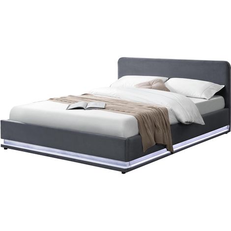 Lit coffre + sommier avec LED en velours gris NEW YORK