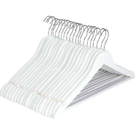 Set of 20 wooden clothes hangers with shoulder notches, trouser bar, 360° rotating hook, for suits, shirts, coats, natural, set of 20 (set of 20, white) (1/5)