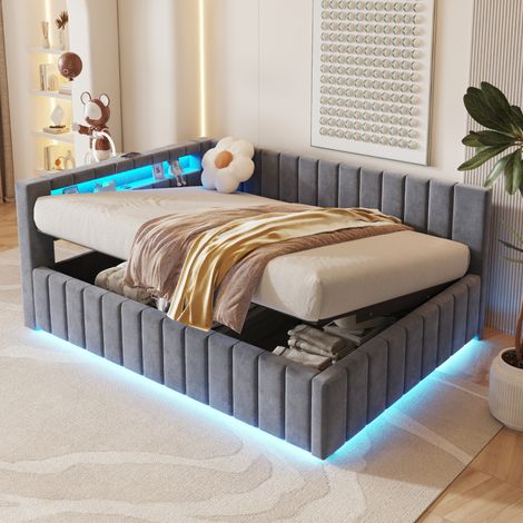 Chambre ou chambre d'amis, lit 140x200 avec LED et USB, coffre de rangement, velours à rayures (1/5)