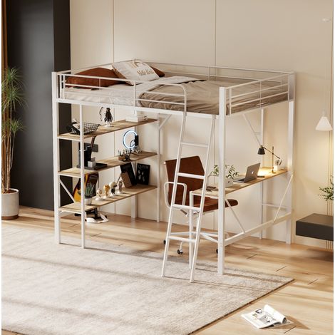 Letto a soppalco 90x200 cm bianco in metallo e MDF con scrivania e 3 ripiani (1/5)