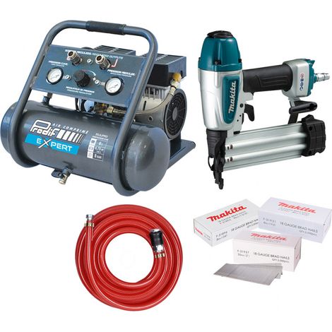 Prodif – Compresseur ultra silencieux 6L – 51 dB à 7m – Moteur bi-cylindre 1 400 tr/min – Cloueur pneumatique Makita AF506 – Tuyau 10m – 15000 clous 18 Ga (1/5)