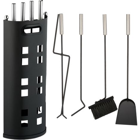Relaxdays Set da 5 Attrezzi da Camino, Attizzatoio, Paletta, Scopino, Pinza e Supporto Porta Utensili, in Acciaio, Nero