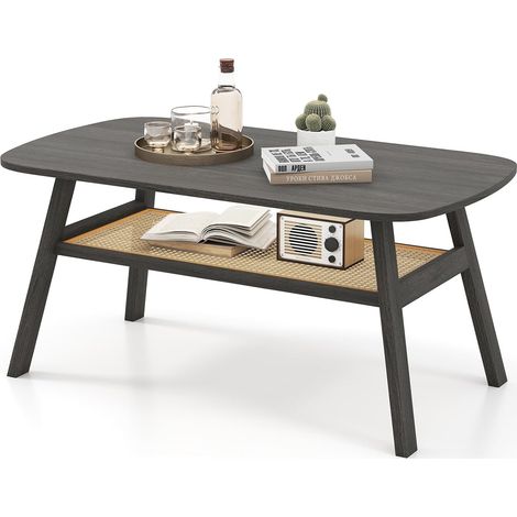 GOPLUS Table Basse Salon Rectangulaire à 2 Niveaux avec Plateau en Rotin et Pieds en Hévéa, Table de Salon Boisavec Rangement Style Française, 100 x 55 x 44,5 cm, Charge 100+20 KG, Gris Foncé (1/5)