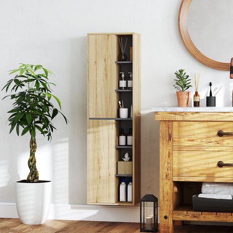Colonne Salle Bain Murale Armoire Compartiments Ouverts Portes Naturelles Mobilier Intérieur 40x24x141,5cm