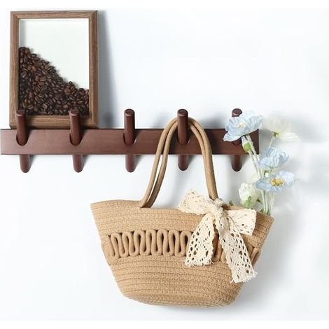 Porte-manteau mural en bois massif, crochets muraux amovibles en bois pour accrocher, installation dans les entrées, salles de bains et buanderies pour le rangement (noyer vieilli, 5 crochets) (1/5)