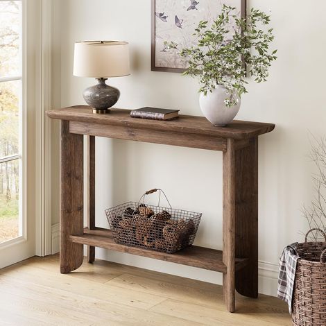 Tribesigns Konsolentisch, 105 cm lang, 2-stöckiger Eingangstisch, Sofatisch mit Stauraum, Beistelltisch, Flurtisch, Bauernhaus-Holz hinter Couchtisch für Wohnzimmer, Flur, Eingangsbereich,Dunkle Walnu