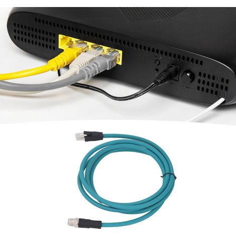 Câble réseau CAT6A bleu clair de 2 mètres, gaine extérieure en PUR, avec connecteur M12 mâle 8 broches à codage X droit vers RJ45 mâle. (1/5)