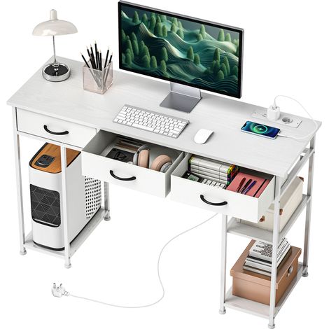 Bureau avec rangement avec prises de courant, 3 tiroirs en tissu et 4 étagères de rangement, 120 x 40 x 76 cm, blanc (1/5)