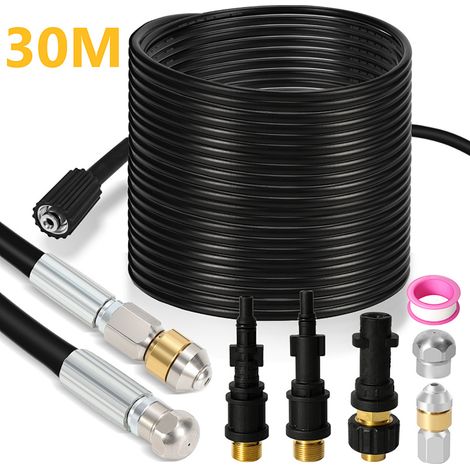 TolleTour Kit débouchage 30m 160Bar avec buse rotative et fixe + jeu d’adaptateurs