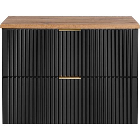 Set Waschtischunterschrank NOXERA 80 cm – Mattschwarz und Eiche – 2 Schubladen + Platte für Waschbecken