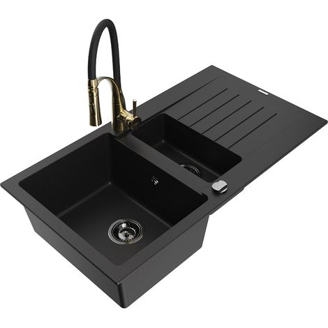 Mexen Matias fregadero de granito de 1,5 senos con escurridor y grifo de cocina Aster, negro - 6502-77-73450-57-B (1/5)