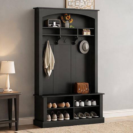 Portemanteau d'entrée avec banc et étagères en MDF noir (1/5)