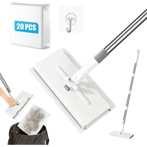 Balai à Franges avec système de Serrage par Pression, Mini Balai 130 cm Distribution sans contact, balai à lingettes à serrage automatique avec 20 lingettes dépoussiérantes pour salle de cuisine