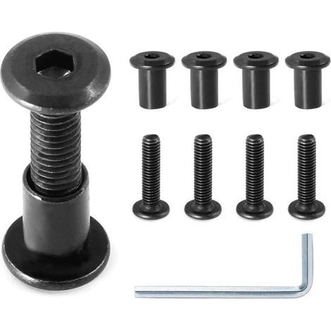 Vis de fixation pour meubles M6 × 25 mm – Lot de 10 paires (20 pièces), tête hexagonale noire avec clé Allen, écrous à barillet (1/4)