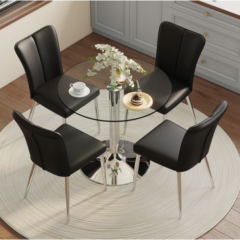 Conjunto de comedor de cristal y metal negro/plata con mesa redonda 85x76 cm y 2 sillas de PU negro (1/5)