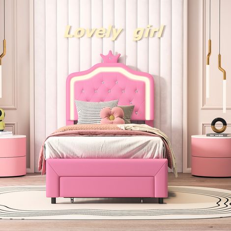 JOOKGBD-Kinderbett Einzelbett 90x200cm,Polsterbett Mädchenbett,Kronen-Prinzessinnenbett Einzelbett Stauraumbett mit Schubladen und,Verstellbarem LED Kopfteil und Lattenrost,PU,Ohne Matratze,Rosa