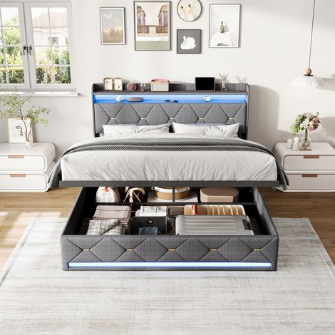 Lit coffre 160x200 cm avec rangement, Tête de lit capitonné avec LED réglable et Chargement USB, Charge sans fil, Sommier à lattes, style moderne, Lin, Gris (1/5)