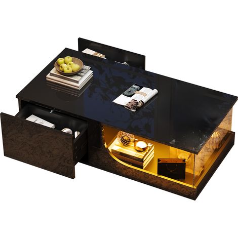 ELVMI Mesa de Centro con 2 Cajones y LED Controlado por Aplicación, MDF y Vidrio Templado, 100 x 50 x 30 cm, Negra (1/5)