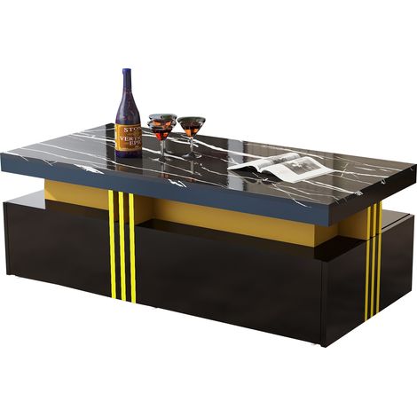 Rechteckiger schwarzer Hochglanz-Couchtisch mit 2 Schubladen, Marmoroptik, 100 x 50 x 40 cm (1/5)