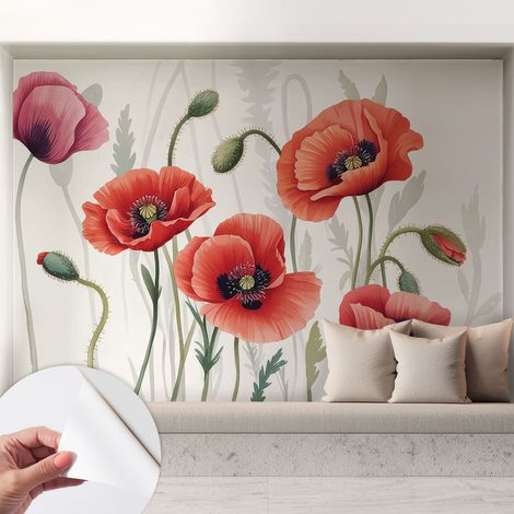 Papier peint autocollant adhésif décoratif avec motifs pour salon et chambre a motif Coquelicots rouges 208x146 cm (1/5)