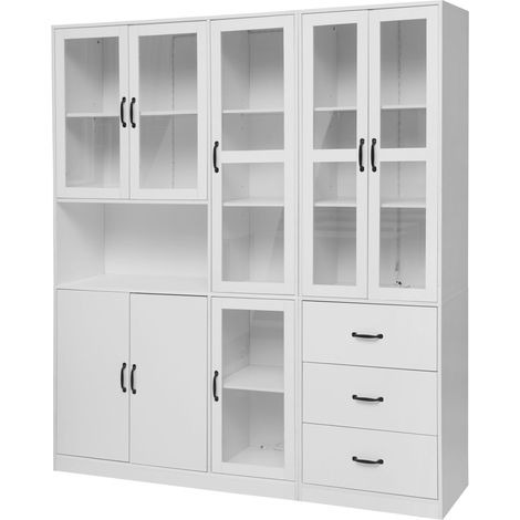 Vetrina combinata bianca LED in truciolato e vetro 180 x 40 x 200 cm, 8 porte, 3 cassetti (1/5)
