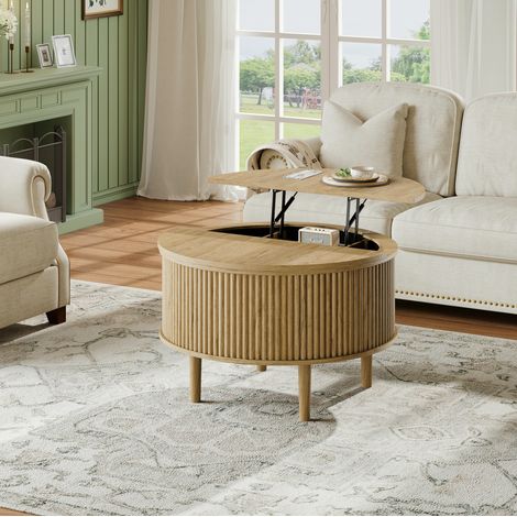 Tavolino rotondo 80x80x50 cm con piano sollevabile e vano contenitore integrato, in truciolato - naturale (1/5)