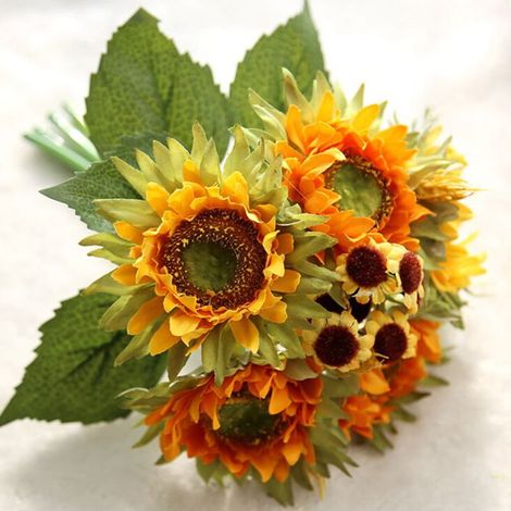 Fleurs Artificielles - Tournesols en Soie - Résistantes aux Intempéries - Pour Décoration Intérieure et Extérieure - Bouquet de 6 Pièces - Jaune (1/5)