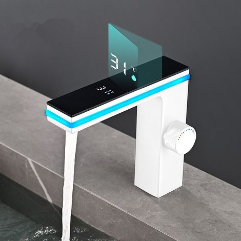 Mitigeur électronique pour vasque – Écran LED intégré, laiton chromé, montage sur pont, chaud/froid – Coloris blanc
