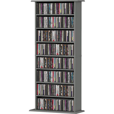 CD-/DVD-Aufbewahrungsschrank mit 8 Fächern und 6 verstellbaren Einlegeböden, Kapazität für 360 CDs, 185 DVDs und Blu-rays, grau
