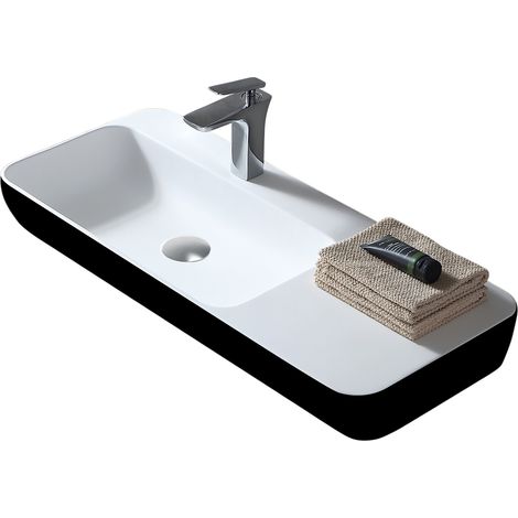 Bernstein – Vasque à poser en solide surface 90x40x12cm – Noir/blanc mat – Surface anti-bactérienne – Montage mural avec espace de rangement - TWG202