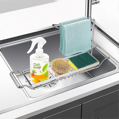 Rangement Evier cuisine,Evier Organisateur,gouttoir pour vier Acier Inoxydable,Porte ponge accessoire cuisine savon ou lavettes,Rangement Evier Tlesco (1/5)