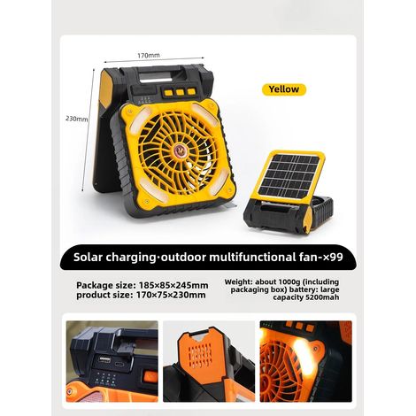 Ventilateur de camping solaire (jaune) avec lumière LED et batterie rechargeable respectueux de l'environnement. (1/5)