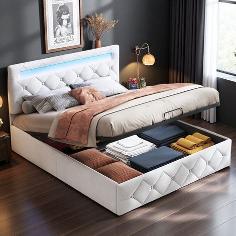 Lit Adulte140x200 cm avec Rangement Coffre Hydrauliqueet Table de Chevet Intégrée-Lit Double à Lattes, Velours Blanc Cassé Style lux (1/5)