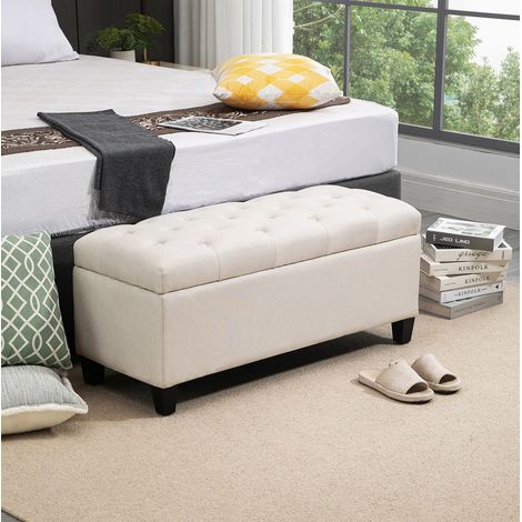 Panca contenitore imbottita 100 x 40 x 44 cm, poliestere effetto lino, bianco crema OKMYHOME (1/5)